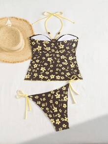 Swim Lushoire Bộ bikini 2 mảnh mùa hè dành cho nữ, kiểu dáng thoải mái, in họa tiết ngẫu nhiên, đính cườm, có dây rút, gồm áo crop top và quần bikini buộc dây bên hông gợi cảm, thích hợp cho kỳ nghỉ biển. - Nhiều màu - Xem 4