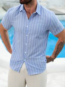 VENTUSAIL Men's Striped Single-Breasted Casual Versatile Daily Wear Short Sleeve Shirt, Holiday - Multicolor - View 3