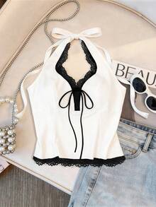 SHEIN Franclia Women's Lace Patchwork Halter Neck Tie Camisole Halter Top Lace Trim Top Bowknot Detail Top White Crop Top Sleeveless Top - White - View 1