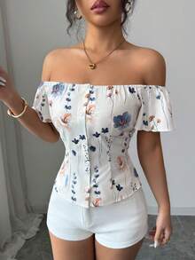 SHEIN Elenzya 露肩收腰印花休闲衬衫 - 彩色 - 查看 4