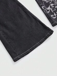 ROMWE Grunge Punk 女士复古做旧十字架藤蔓印花性感喇叭牛仔裤 - 黑色 - 查看 4