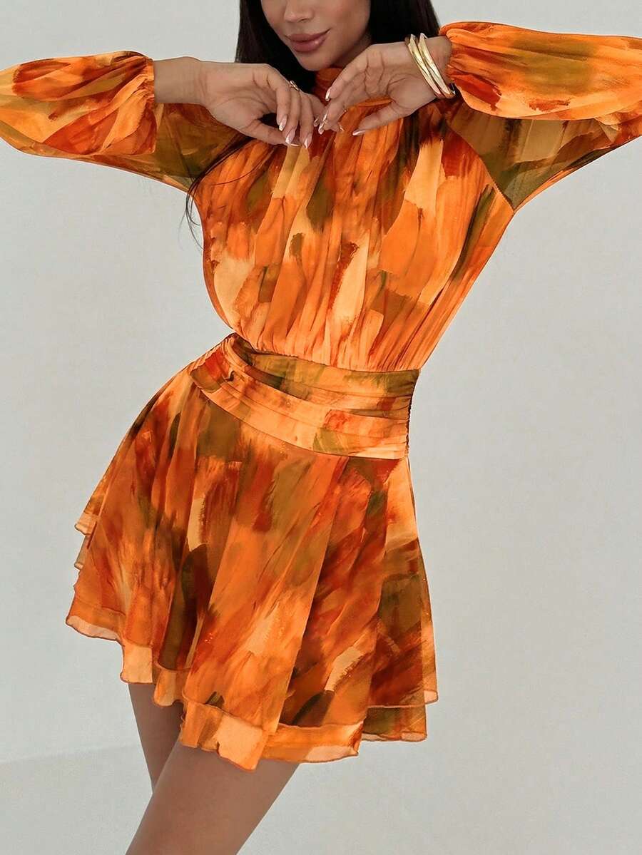Aloruh 女款優雅焦橙色夏季長袖修身A字傘裙,網格印花立領繫腰約會穿搭,秋冬教師穿著 - 橘色 - 查看 1