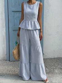 DAZY Women's Elegant Dusty Blue 2-Piece Set,Round Neck Sleeveless Ruffle Hem Camisole & Wide Leg Pants,Summer Tropical Vacation Holiday Lounge Sets - Blue - View 5