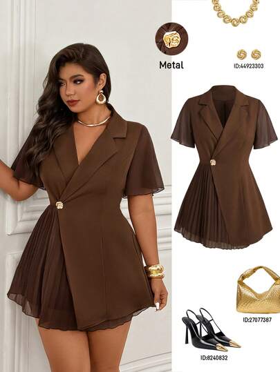 Femmeverse Bộ áo liền quần xếp ly dáng rộng thanh lịch cỡ lớn, thích hợp đi làm và mặc vào mùa hè.