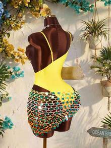 Amplova Maillot de bain une pièce avec empiècement en forme d'étoile de mer pour femmes, sexy et avant-gardiste, convient pour les vacances à la plage, couleur unie bleue monokini - Jaune citron - Voir 10