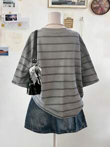 Lalippa Camiseta holgada de mujer talla grande con cuello redondo y hombros caídos a rayas - Multicolor - Ver 2