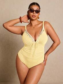 Elaquor Plus Size Women Sexy Beach Vacation Solid Color Patchwork Starfish Shell Decor Drawstring Ruched Monokini Swimsuit - Apricot - View 3