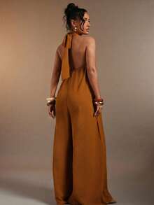 Hauture Women's Sexy Solid Color Backless Halter Neck Loose Jumpsuit - Rust Brown - View 2