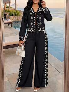 SHEIN Lady Bộ đồ nữ gồm áo dài tay buộc dây phía trước in hoa và quần ống rộng, kiểu dáng thường ngày. - màu đen - Xem 3