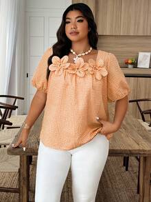 EMERY ROSE Plus Size Women Plaid 3D Floral Decor Short Puff Sleeve Shirt - Orange - View 3