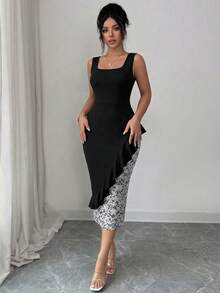 Modelyn 优雅荷叶边下摆印花鱼尾连衣裙，方领无袖收腰派对礼服 - 黑色 - 查看 6