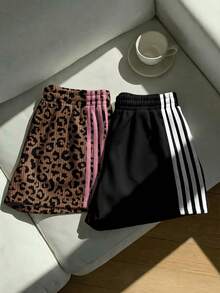 Comfortcana 2pcs Women's Casual Leopard Print Color Block Brown Black Loose Knit Patchwork Plus Size Shorts,Summer Hiking Beach Vacation Bohemian Style Shorts - Multicolor - View 3
