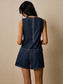 Poéselle Bộ áo gile và quần short denim nữ kiểu dáng thường ngày, thích hợp cho mùa hè. - Rửa tối - Xem 6