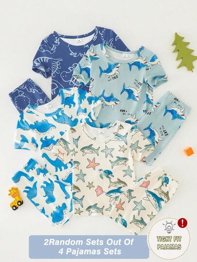 [Ngẫu nhiên 2 trong 4 bộ] Bộ đồ ngủ ngắn tay, quần short in hình hoạt hình dễ thương cho bé trai, bộ đồ ngủ 2 mảnh chủ đề động vật biển nhiều màu sắc cho bé sơ sinh/trẻ nhỏ, đồ mặc nhà thoải mái ôm sát cho bé, đồ mặc nhà hàng ngày in hình xe kỹ thuật cho bé trai, bộ đồ hè thời trang thoải mái cho trẻ em.