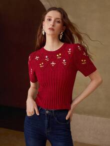 MOTF PREMIUM EMBROIDERED FLORAL KNIT FITTED PETAL SLEEVE KNIT TOP FOR WOMEN - Red - View 4