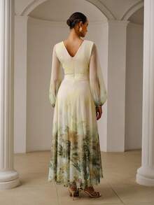 ZEYLAH Women's Elegant V-Neck Patterned Mesh Dress, Summer - Green - View 4