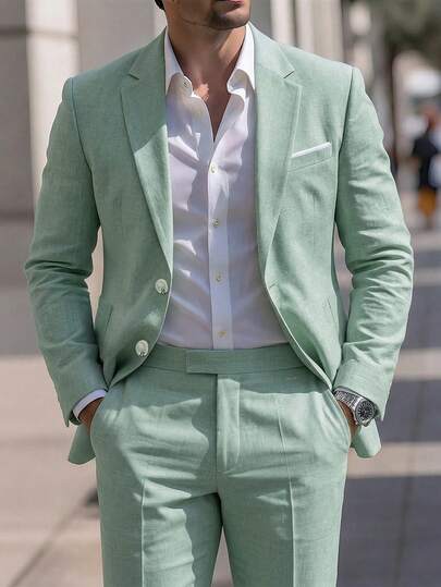 Manfinity Mode Men's Solid Color Lapel Collar Suit Jacket, Suitable For Business, Commute, Wedding And Banquet