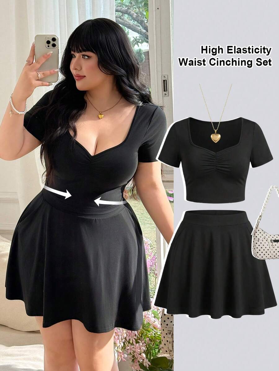 CovetEZ Plus Size Summer Short Sleeve Casual Sweet Black Mini Skirt 2 Pieces Set - Black - View 1