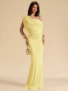 SHEIN BAE Đầm xanh bạc hà trễ vai xếp ly ôm sát thanh lịch, đầm ôm sát thanh lịch, đầm xòe thướt tha - Màu vàng - Xem 2