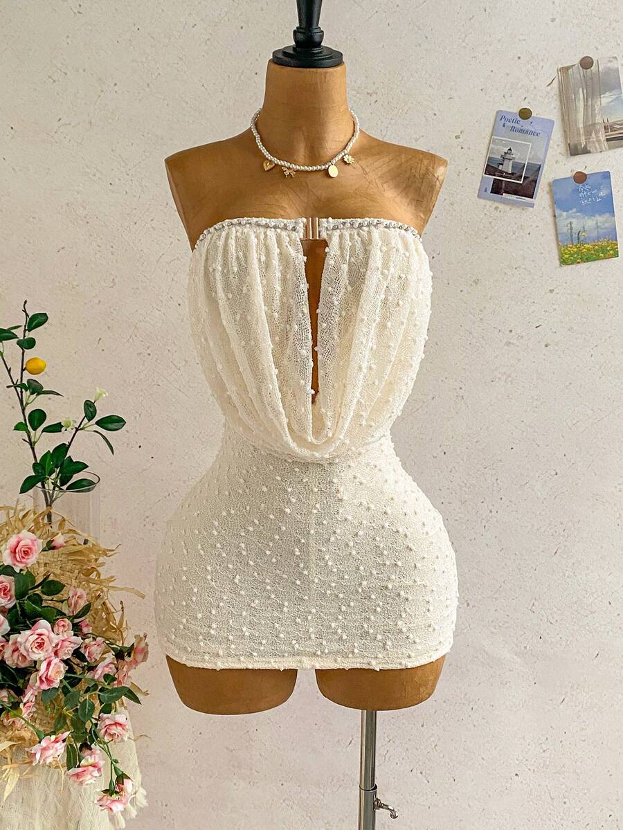 Soleia 新款性感女士深V领褶皱弹力腰金属扣连体裤，适合度假、约会、派对等场合。 - 白色 - 查看 1