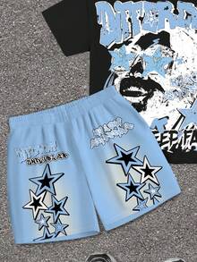 SHEIN 2件套男童休闲简约字母五角星印花T恤和短裤套装 - 彩色 - 查看 5