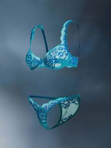 Floral Lace Underwire Lingerie Set - Blue - View 4