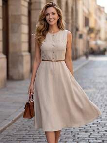 Miaspire Women's Solid Color Round Neck Elegant Office Midi Dress, Sleeveless,Summer Outfit For Women,Festival Outfits For Women,Elegant Dresses For Women,Work Outfits For Women,Summer Dresses For Women - Apricot - View 1