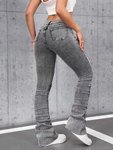 SHEIN Tall Quần jeans nữ có túi, cài nút, kiểu dáng rách, thoải mái, đa năng, thích hợp mặc hàng ngày. - Xám - Xem 2