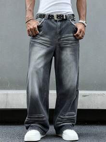 Manfinity EMRG Plus Size Men's Fashionable Cat Whisker Pleated Pocket Denim Jeans - Grey - View 6