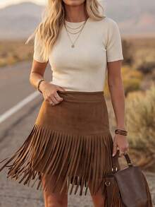 LanaWest New Western Style Fringe Skirt For Women - Brown - View 1