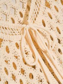 SHEIN Cosyjoi 大码休闲花卉镂空钩针开衫针织上衣 - 杏色 - 查看 5