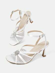 CUCCOO HITCHD Women's Fashion Square Toe Satin Mesh Splicing Rhinestones Sexy Evening Party Party Style Simple Backspace Stiletto High Heel Sandals Summer Shoes - White - View 6