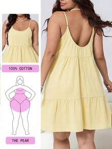 Solflare Gaun Camisole Tanpa Punggung dengan Hem Berkerut Warna Polos untuk Wanita Ukuran Plus, Musim Semi/Panas - Angsa kuning - View 1