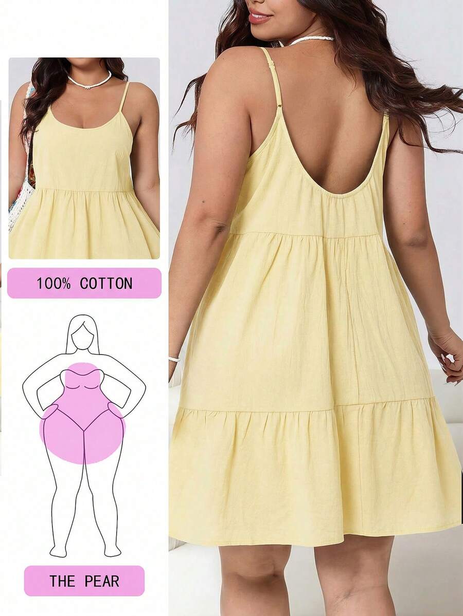 Solflare Gaun Camisole Tanpa Punggung dengan Hem Berkerut Warna Polos untuk Wanita Ukuran Plus, Musim Semi/Panas - Angsa kuning - View 1