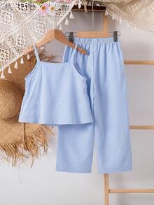 Emery Rose Kids Emery Rose Kids 女童条纹荷叶边吊带背心和阔腿裤休闲套装 - 彩色 - 查看 8
