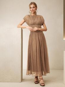 Anewsta Elegant Modern Textured Waist Ruched Dress For Women - Khaki - View 7