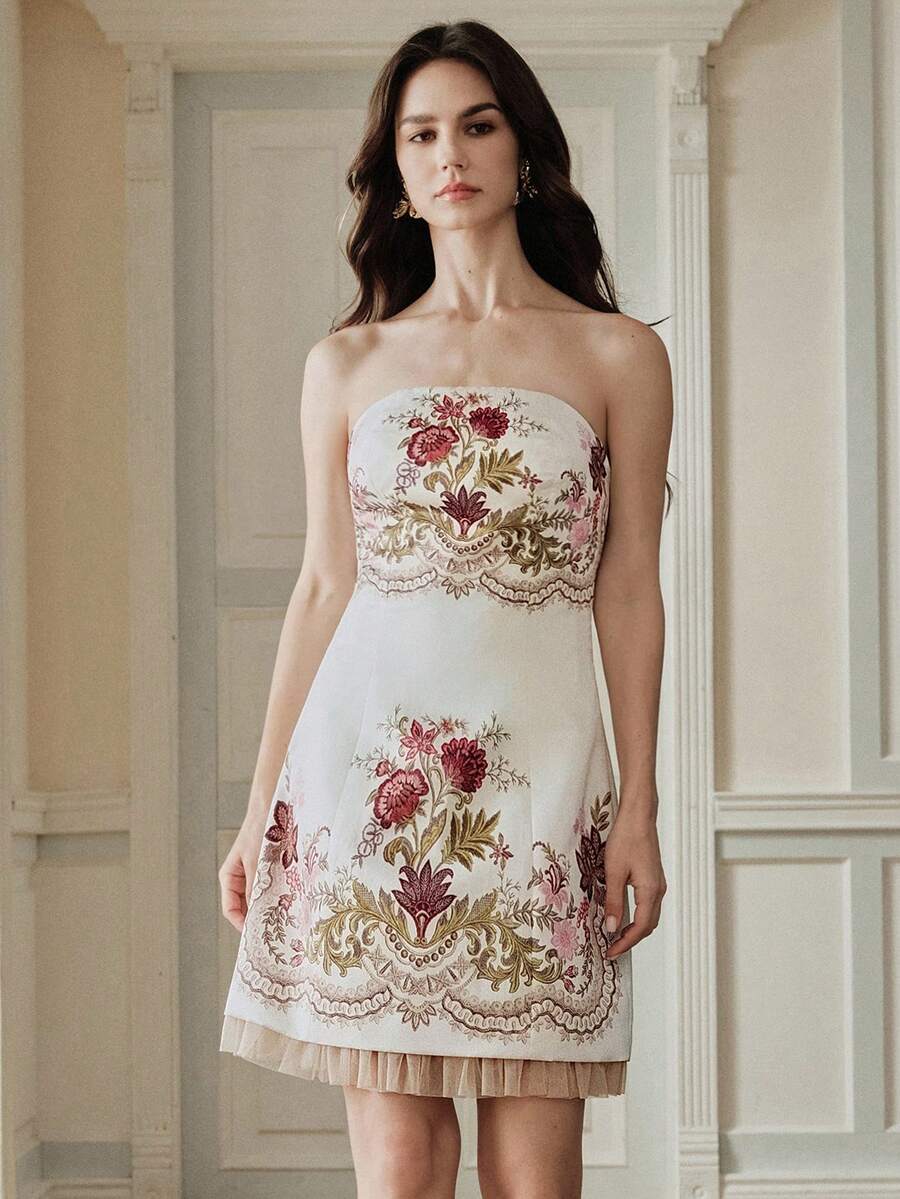 Anewsta New Summer Printed Waist Elegant A-Line Mesh Patchwork Dress - White - View 1