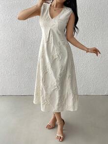 Modelyn Women's Elegant Champagne Sleeveless V-Neck Floral Embroidered Mid-Length Dress - Apricot - View 1
