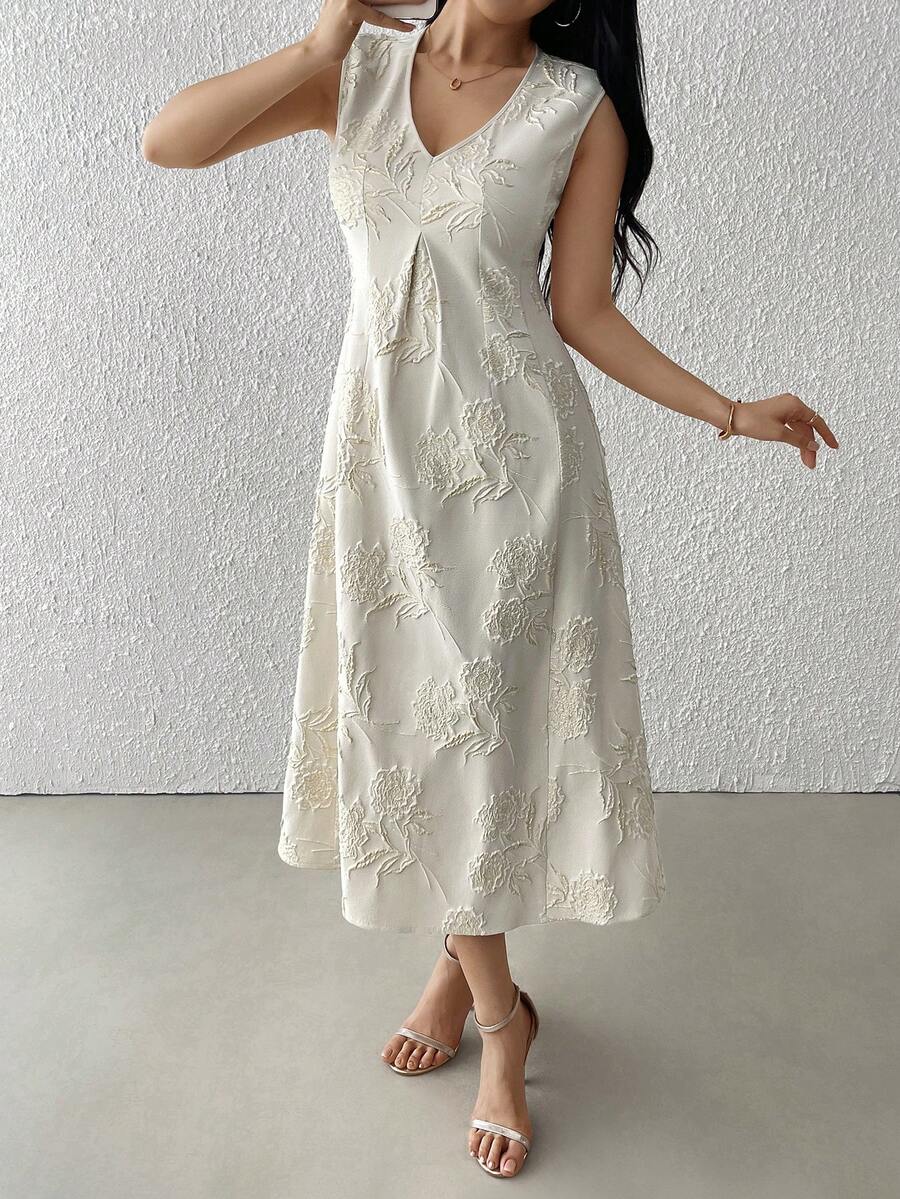 Modelyn Women's Elegant Champagne Sleeveless V-Neck Floral Embroidered Mid-Length Dress - Apricot - View 1