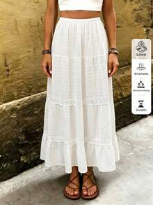 EMERY ROSE Chân váy dài màu trắng, kiểu dáng rộng rãi, thoải mái, thích hợp cho nữ, phù hợp đi làm, đi nghỉ mát, đi biển. Mẫu mới thời trang Xuân/Hè - Thiết kế họa tiết hoa ghép mảnh - Thích hợp cho công sở, du lịch, đi biển. - trắng - Xem 3