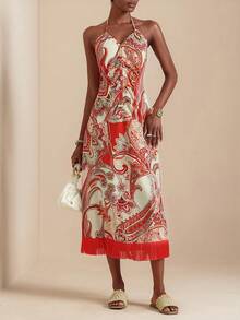 Vesra 佩斯利印花流苏连衣裙，适合度假穿着 - 橘色 - 查看 1