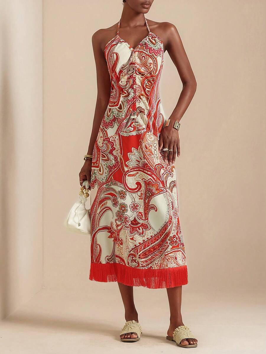 Vesra 佩斯利印花流苏连衣裙，适合度假穿着 - 橘色 - 查看 1