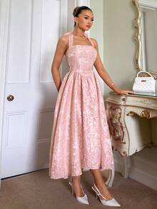 SHEIN PETITE 春夏乡村公主风缎面提花腰部网纱半身裙支撑吊带中长连衣裙 - 淺粉色 - 查看 4