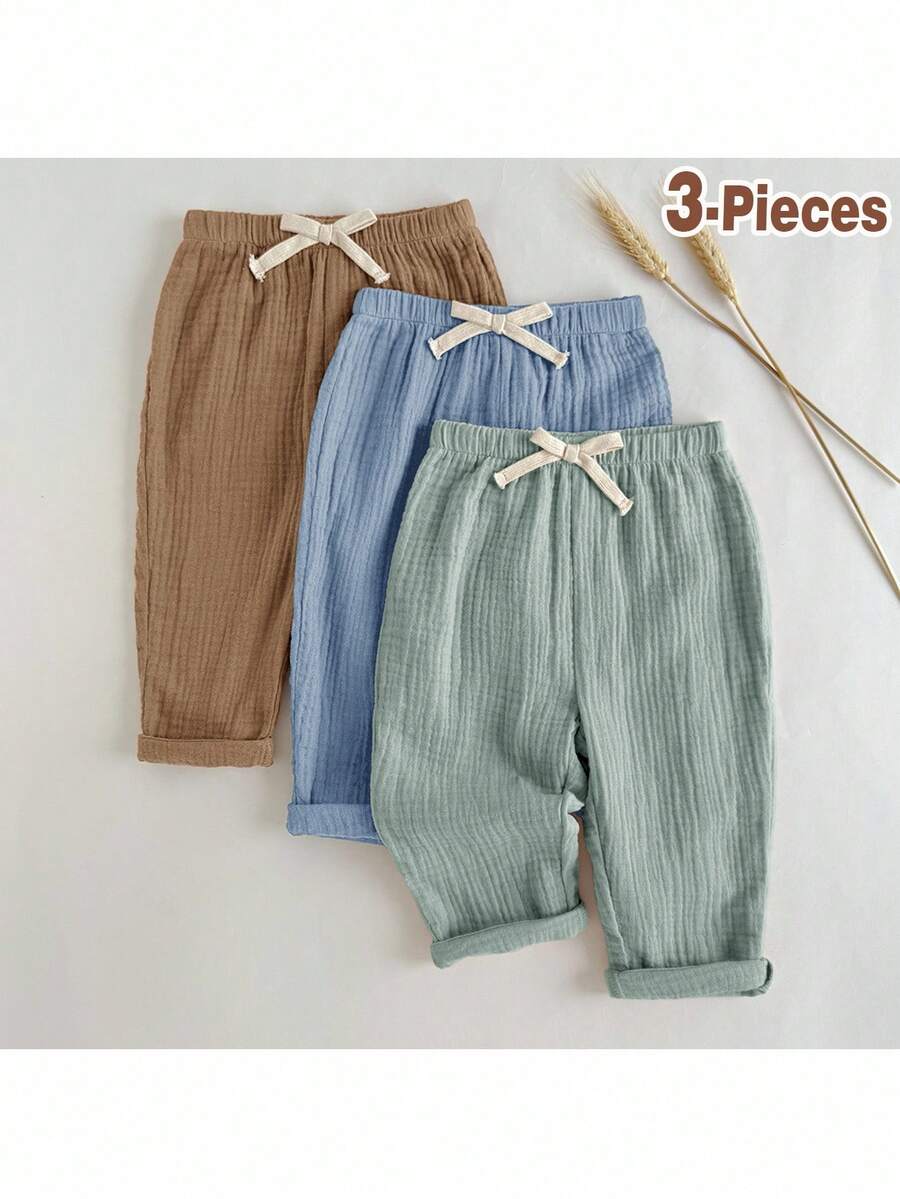 Loomiva 3pcs Baby Boy Contrast Color Bow Decor Elastic Waist Casual Pants Set - Multicolor - View 1