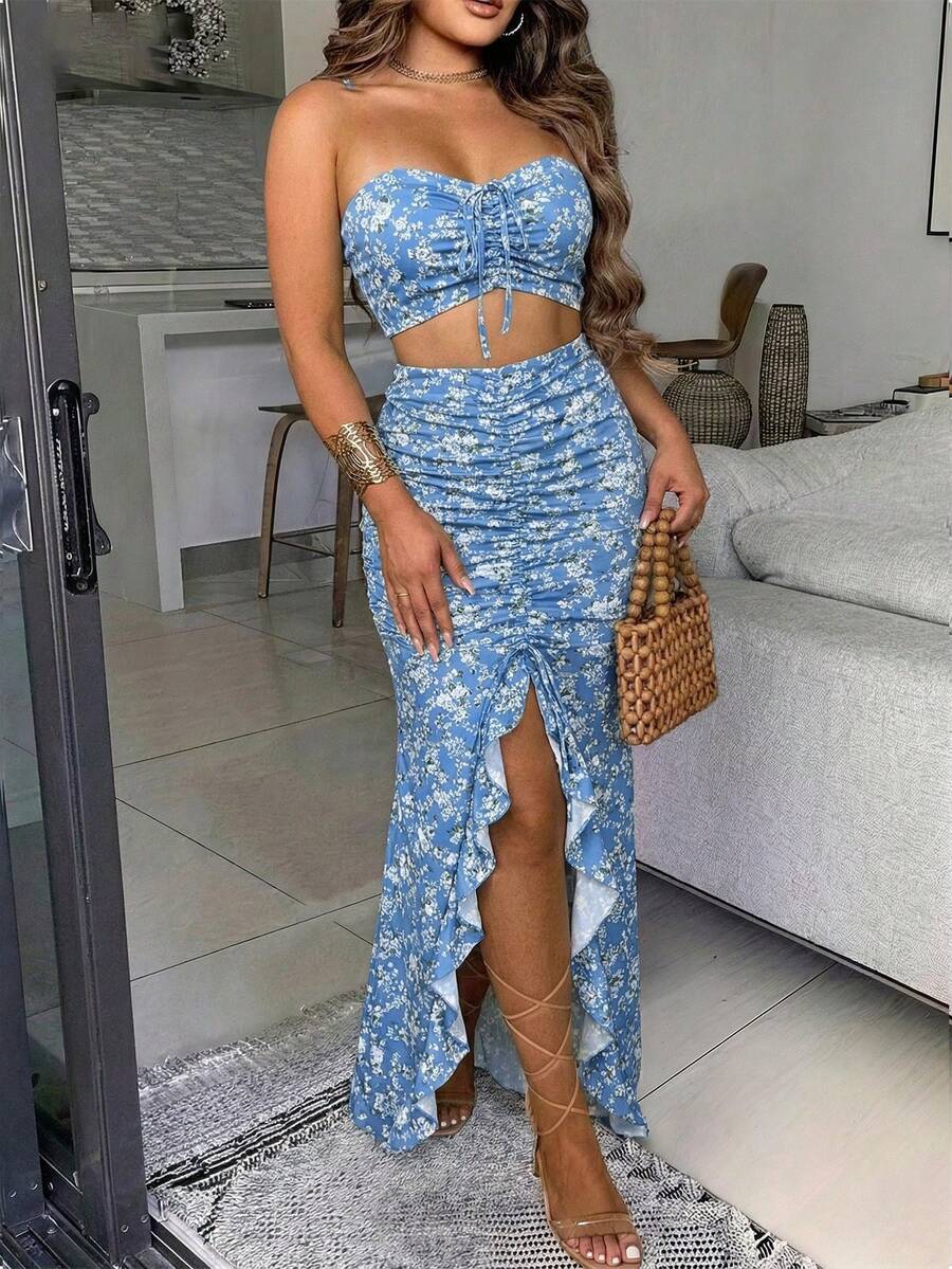 Pariaura Conjunto de top bandeau acortado con cordón y falda con abertura alta con estampado floral diminuto para vacaciones en la playa, verano - Neblina azul - Ver 1