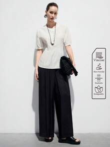 SHEIN 女士粘胶纤维梭织面料圆领插肩袖条纹休闲衬衫 - 白色 - 查看 2