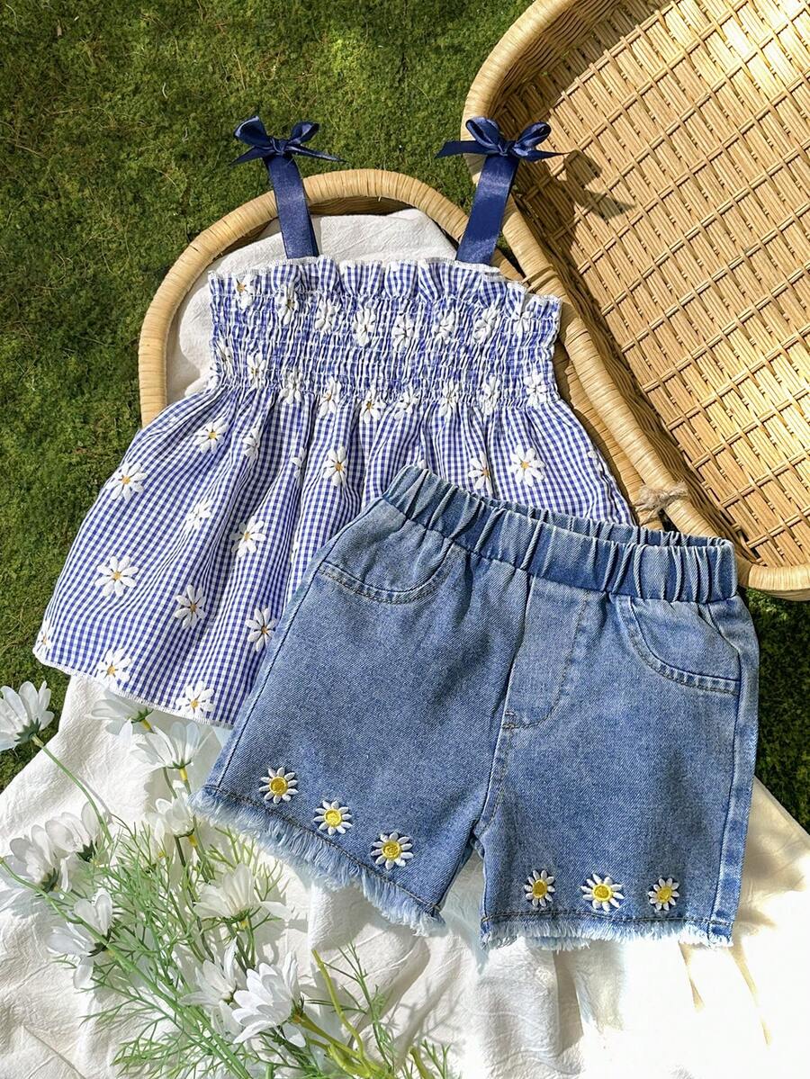 Vintaside Kids 女童夏季蓝白格子吊带背心和牛仔短裤套装,清新乡村风,饰以小碎花印花,适合海滩度假、日常穿着和公园玩耍 - 藍色 - 查看 1
