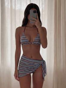 Costavie Bộ bikini kẻ sọc dành cho nữ mùa hè, kiểu dáng giản dị, thích hợp cho kỳ nghỉ, kèm chân váy đi biển, bộ đồ bơi ba mảnh thời trang và thoải mái. - Nhiều màu - Xem 1