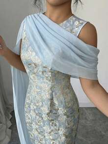 Elenzga Đầm maxi nữ mùa hè bán chạy nhất với chất liệu jacquard vàng óng ánh, kiểu dáng thanh lịch, kết hợp cùng khăn choàng chiffon, thích hợp cho các buổi tiệc, mua sắm, sự kiện và nhiều dịp khác. - Màu xanh lam - Xem 4