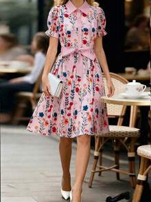 Ellegaria. 女士碎花连衣裙、女士泡泡袖连衣裙、女士系腰连衣裙 - 粉色 - 查看 1